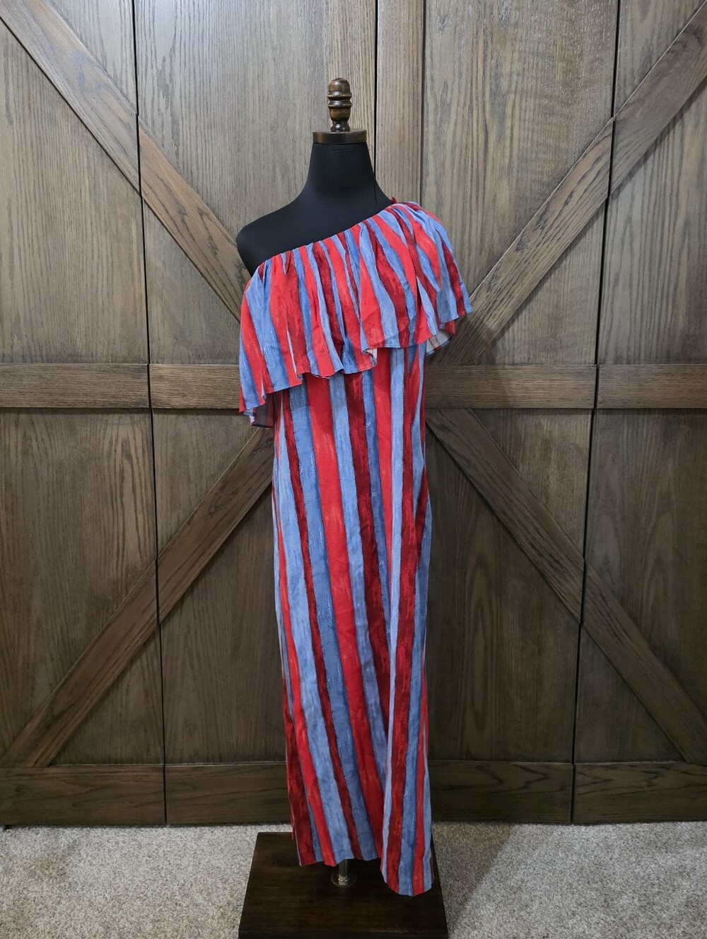 Tuckernuck One-Shoulder Ruffle Maxi in Red and Blue Stripes